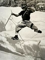 Ken Spangenberg jumping a crevasse. Courtesy Dee Molenaar.