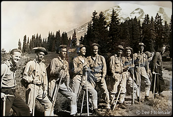 Seven Navy ensigns prepare to climb Mt Rainier in 1941 with guides Worth McClure (L) and Dee Molenaar (R).  Photo courtesy Dee Molenaar.