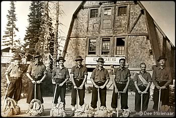 1941 Mt Rainier guides at Paradise. Clark Schurman at left. Dee Molenaar fourth from left. Photo courtesy Dee Molenaar.