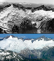 Boston Glacier in 1967 (Austin Post photo) and in 2005 (Leor Pantilat photo).