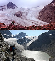 Honeycomb Glacier in 1977 (Bill Arundell photo) and in 2006 (Lowell Skoog photo).