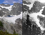 Lower Curtis Glacier seen in 2003 (Mauri Pelto photo) and 1908 (Asahel Curtis photo). 