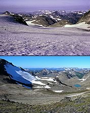White Chuck Glacier from Glacier Gap, looking down the north branch in 1973 (Neil Hinckley photo) and 2006 (Leor Pantilat photo).