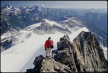 Jim Nelson on the Mt. Challenger summit ridge, July 2001. © Ed Cooper