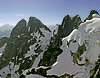 A panoramic view of the peaks east of Mt. Terror, seen from the north face of Mt. Terror, July 1961. Two separate images were patched together to create this panorama. © Ed Cooper