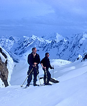 Joe Firey and Irene Meulemans ski on Eldorado Peak, 1959. Photo © CL Firey. 