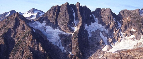 Distal Phalanx from Colonial Peak. The North Ar�te is the longest sun-shadow line in the center of the picture. Photo &copy; John Roper.