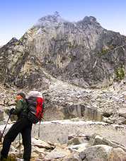 Blake Herrington below the Tempest Wall, Colchuck Balanced Rock.  Photo &copy; Sol Wertkin.