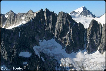 Tillie&rsquo;s Towers from the North. The North Ar�te is the sun-shadow line leading to the right-hand point above the V-notch, just left of center in the photograph. Photo &copy; John Scurlock.