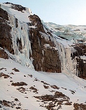 Roosevelt Glacier ice climbs, right area. Photo &copy; Shannon Pahl.