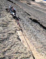 Aiding the &ldquo;Cracks to the Future.&rdquo; The free route ultimately went farther left. Photo &copy; Erik Lawson.