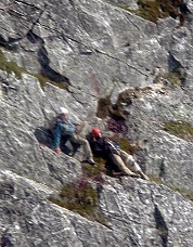 Telephoto of Jason and Steve on the North Buttress of Mount Terror.  Photo &copy; Kelly Bush.