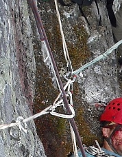The doubled 8mm rope was nearly severed by rockfall. Photo &copy; Steph Abegg.