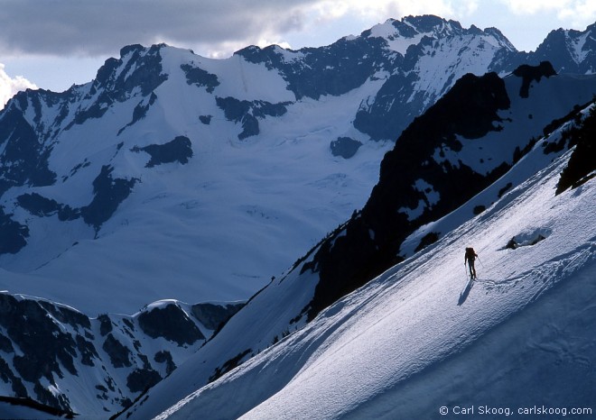 Lowell Skoog traverses Mt Arriva on the Logan High Route, June 1996.